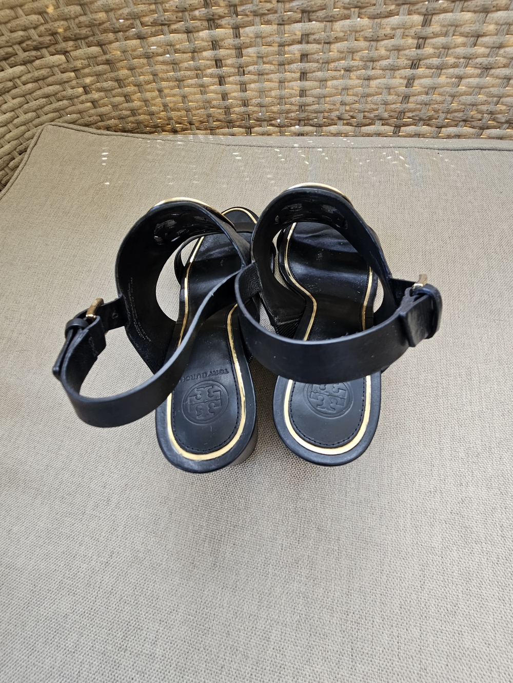 Tory Burch Black Leather Logo Slingback Sandals - Picture 7 of 9